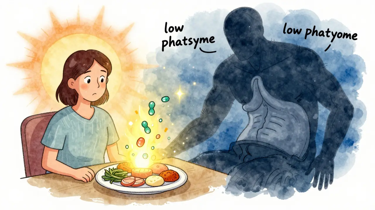 Patient eating as phosphate flows into cells, shadowy figure of low phosphate behind with collapsing diaphragm, symbolic cellular energy scene.