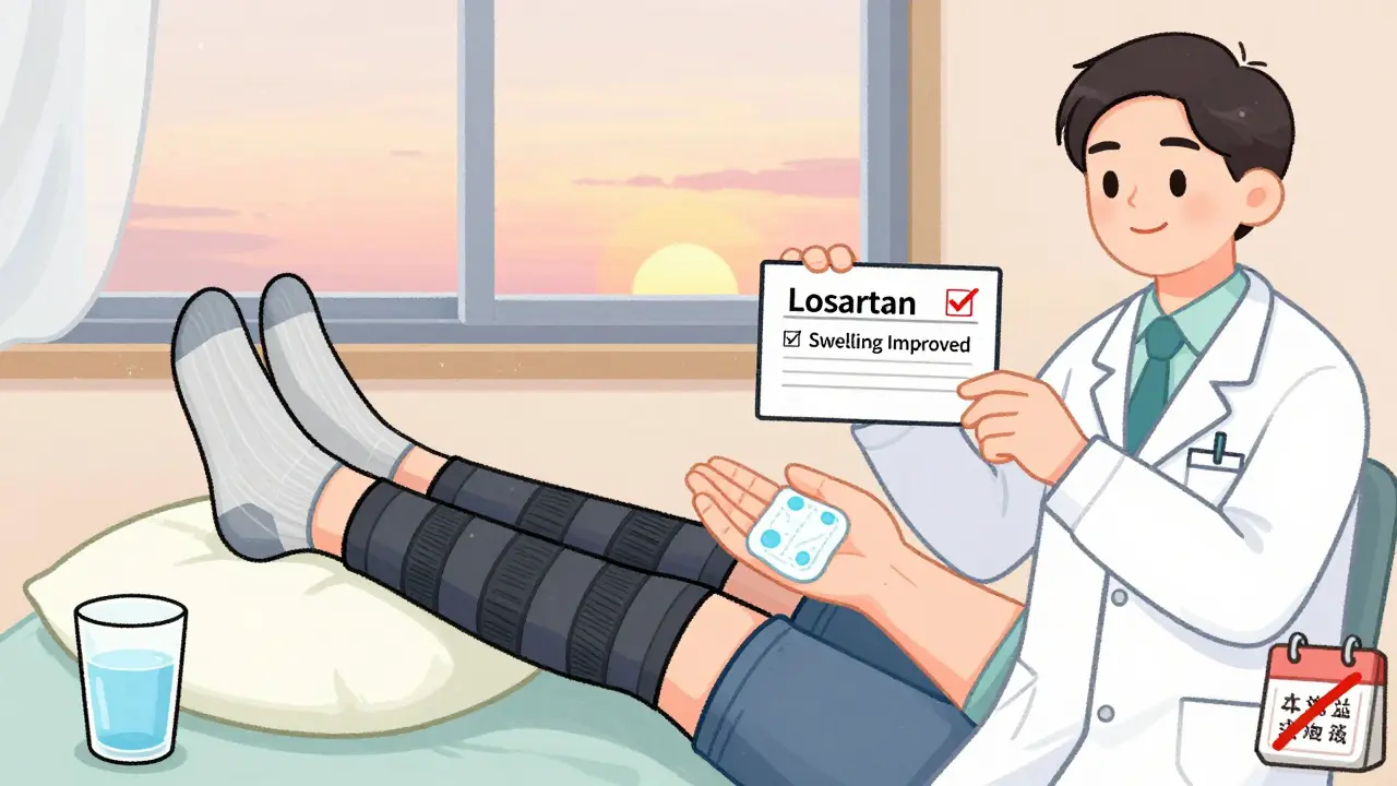 Person elevating feet with compression socks and cold compress, doctor handing new prescription.