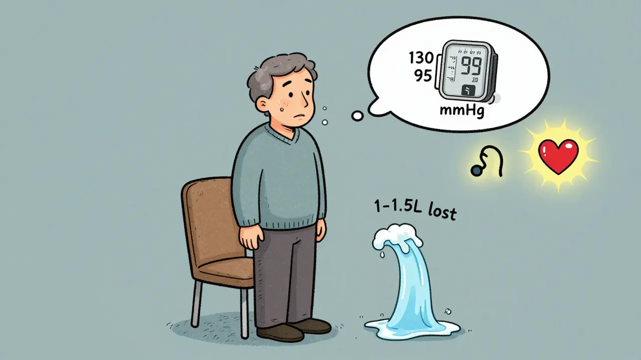 Person standing up slowly with blood pressure dropping, fluid draining from body, heart icon glowing warmly.