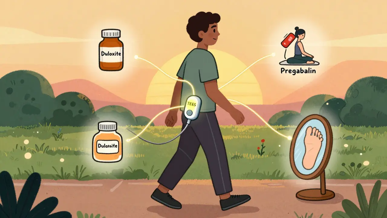 Person walking with TENS device, surrounded by meds, yoga, and foot care tools under a sunrise.