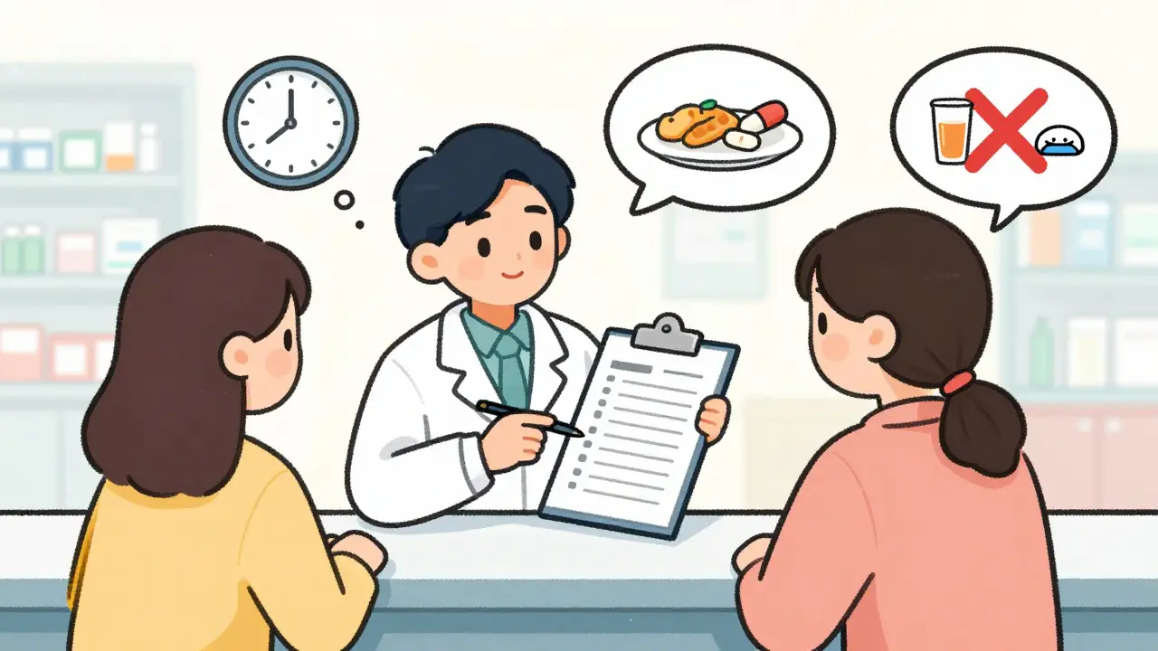 Pharmacist and patient reviewing a prescription label together, with visual thought bubbles explaining dosing instructions and warnings.