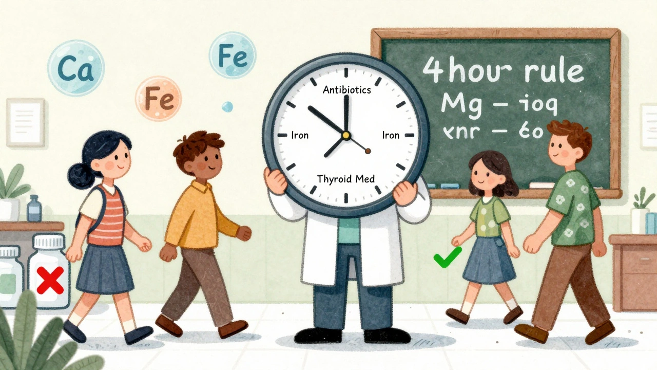 Pharmacist holding clock showing correct timing for medications and supplements.