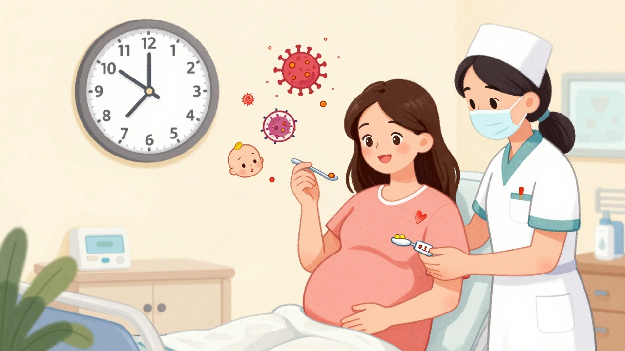 Pregnant woman taking a tiny penicillin tablet in a calm hospital room with time intervals illustrated