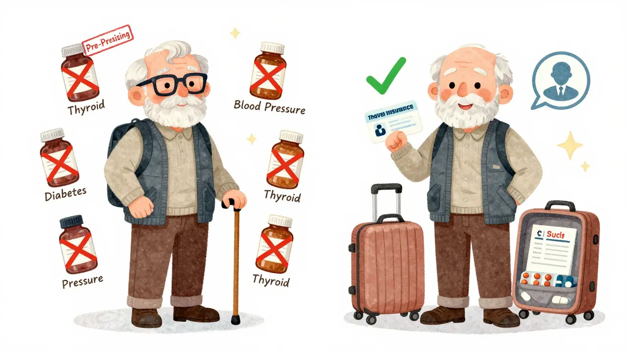 Senior traveler with medications marked &#039;pre-existing&#039; versus insured with extra pills