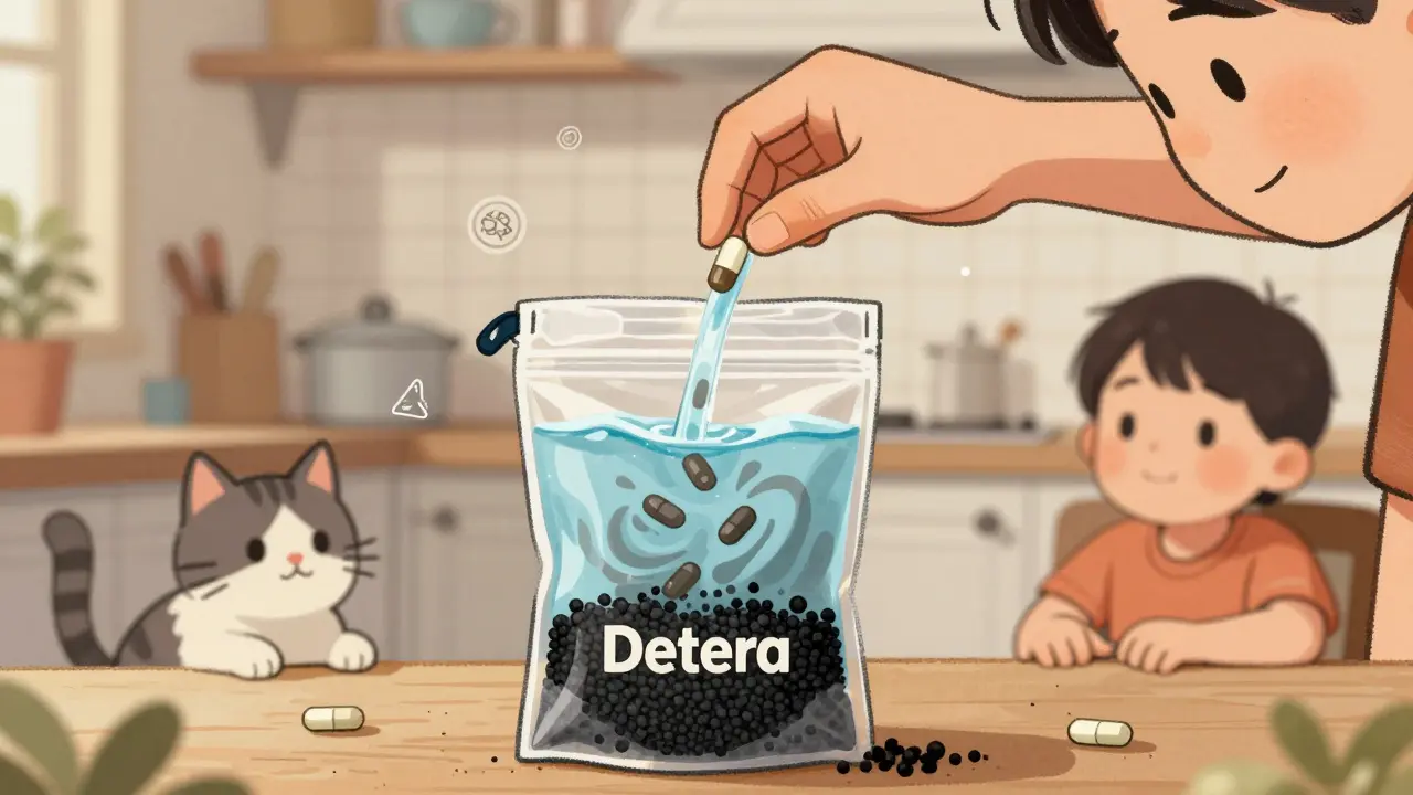 Someone placing opioids into a deactivation pouch with water, neutralizing the drugs safely at home.