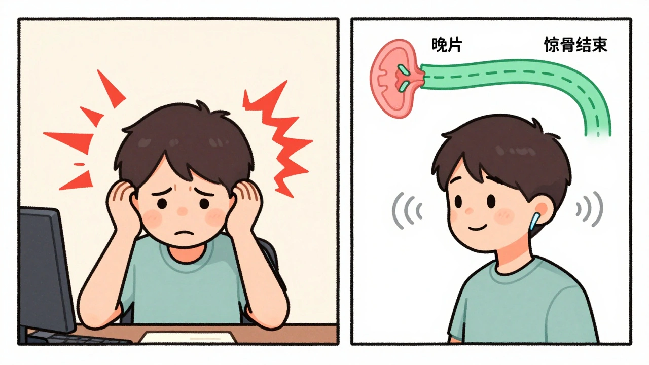Split illustration: one side shows stress from loud tinnitus, the other shows peace with sound devices and a simplified auditory pathway.