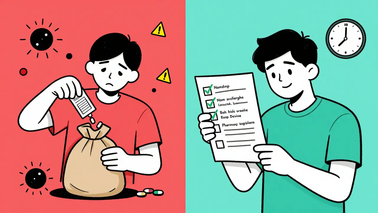 Split scene: left shows careless disposal of meds, right shows careful label reading with checklist, contrasting chaos and safety.
