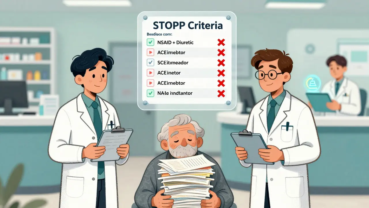 Three doctors each giving prescriptions to an elderly patient, with a floating STOPP checklist highlighting risky medication combinations.