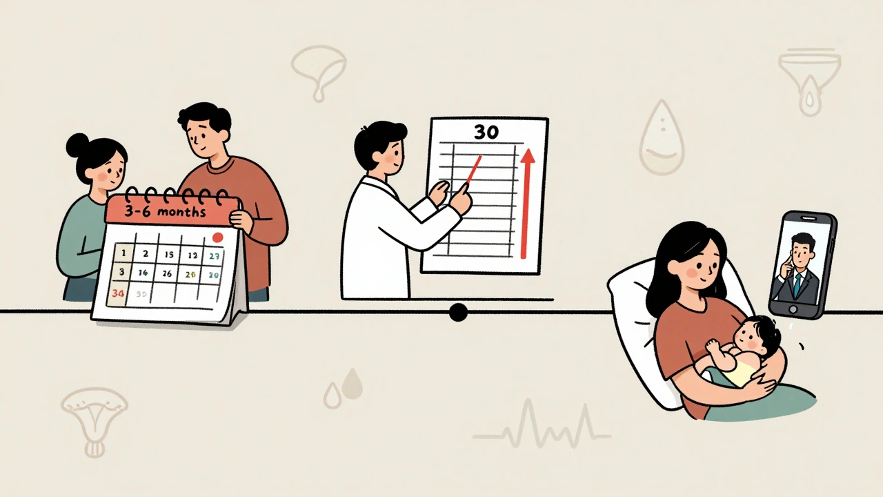Timeline showing prenatal planning, third-trimester dosage adjustment, and postpartum breastfeeding with mental health support.