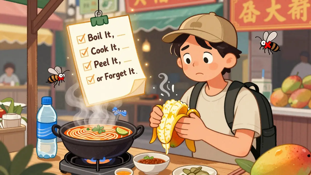 Traveler peeling a mango at a street food stall with a safety checklist above.