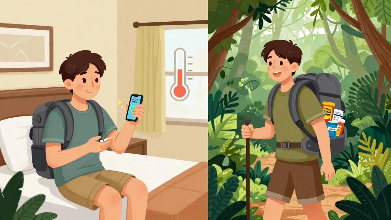 Traveler taking malaria pills with a phone alarm and backpack of health supplies.