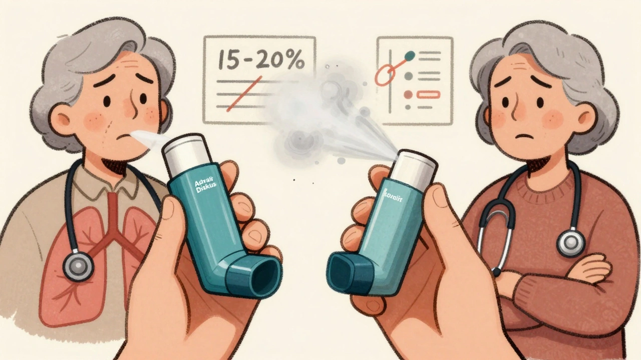 Two inhalers side by side: one delivers precise mist to healthy lungs, the other releases weak, ineffective spray.