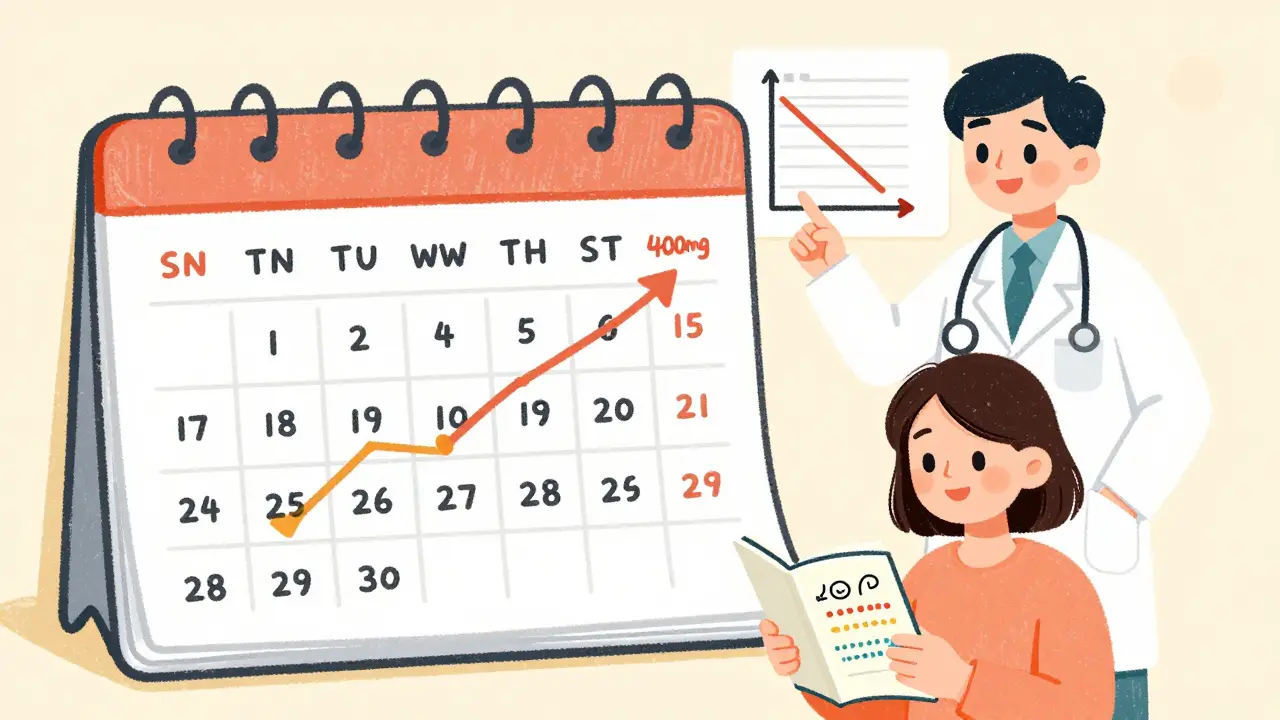Weekly dose progression chart with a patient tracking symptoms in a notebook, guided by a doctor.