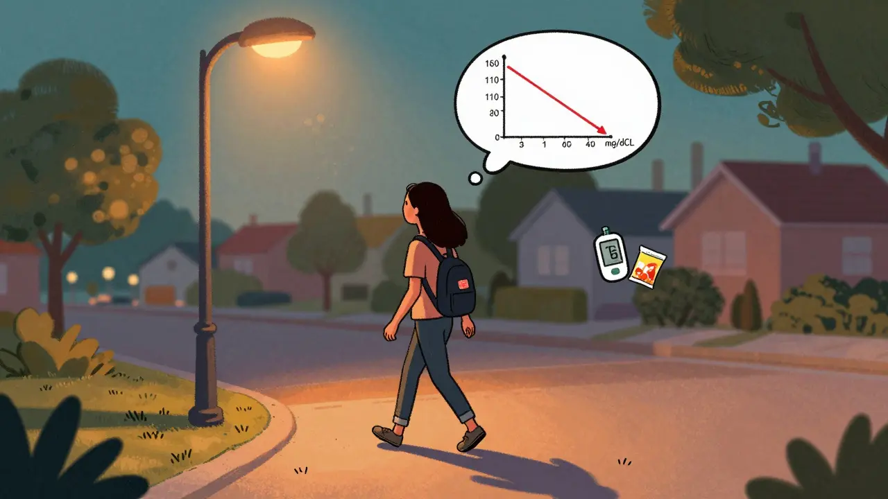 Woman walking after dinner, blood sugar graph showing improvement