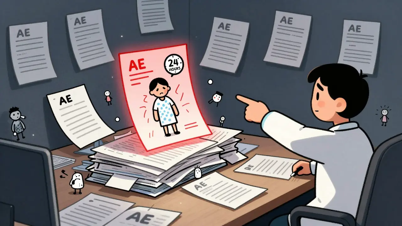 A desk buried in paperwork with one urgent red report glowing above dozens of minor symptoms, highlighting reporting confusion.