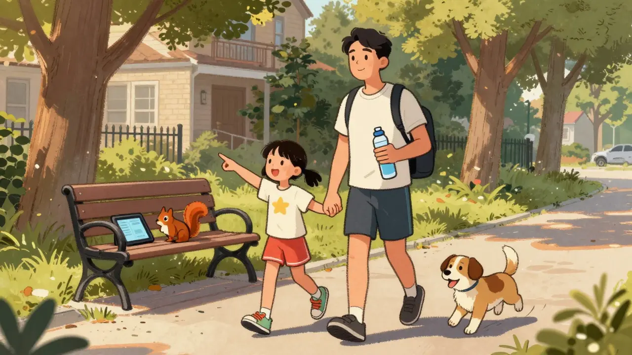 A father and daughter walk together in the neighborhood at sunset, enjoying active time without screens.