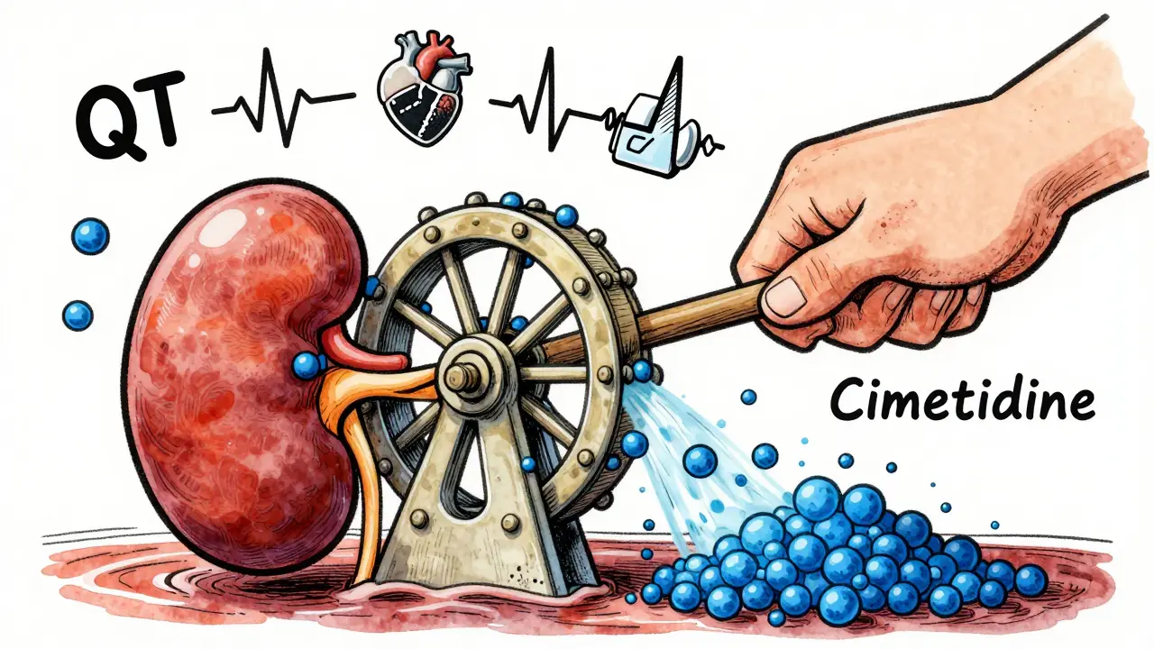 A kidney shaped like a water wheel blocked by cimetidine, causing dangerous buildup of dofetilide molecules in the bloodstream.