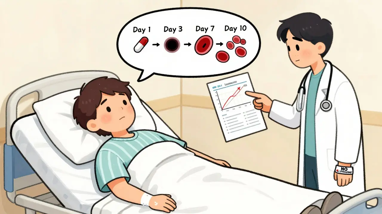 A patient's timeline showing symptoms of drug-induced hemolytic anemia, with lab results and a medical alert bracelet.