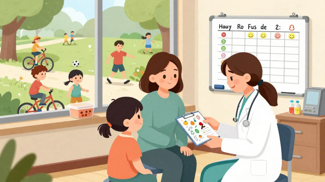 A pediatric health coach and mother review a child's healthy habits journal in a clinic, with a community park visible outside.