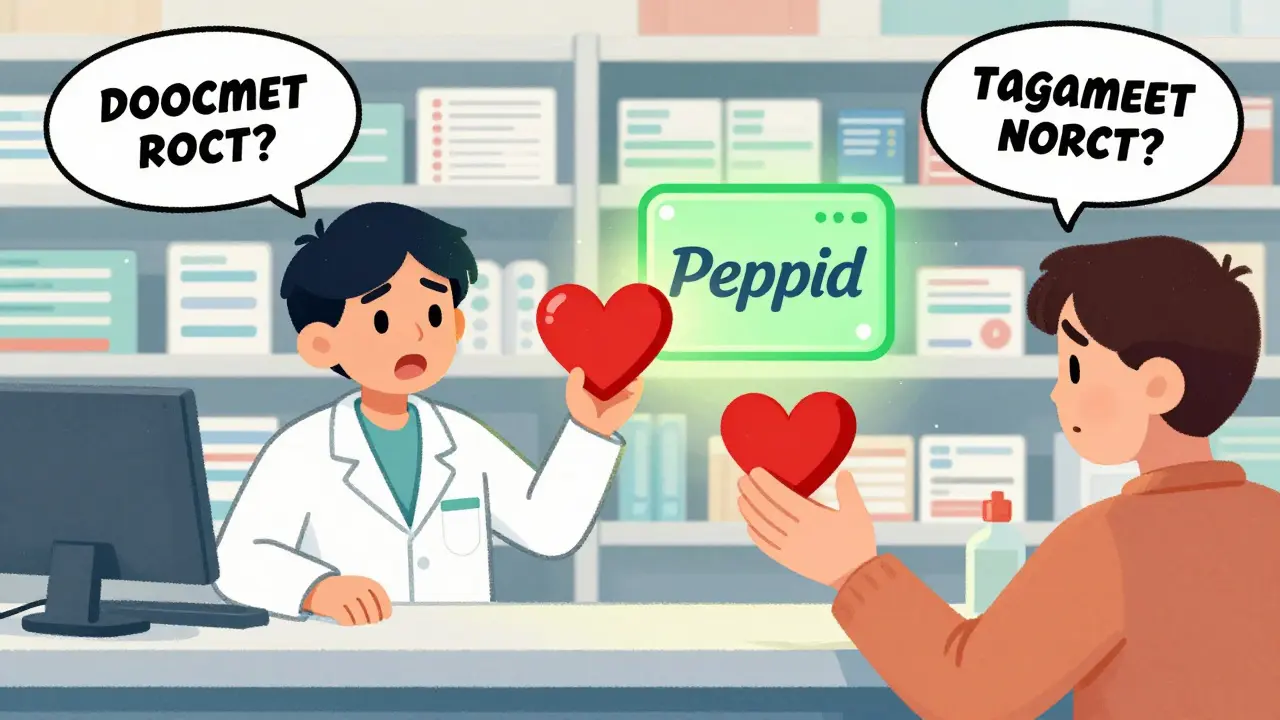 A pharmacist stopping a patient from taking cimetidine, with safe famotidine clearly marked on the shelf behind them.