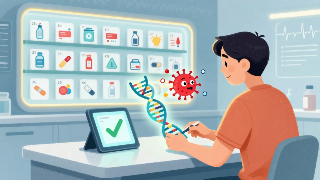 AI pharmacy analyzing DNA to predict drug reactions, with green-safe and red-warning tablets, glowing gene strands, and FDA pharmacogenomic labels in background.