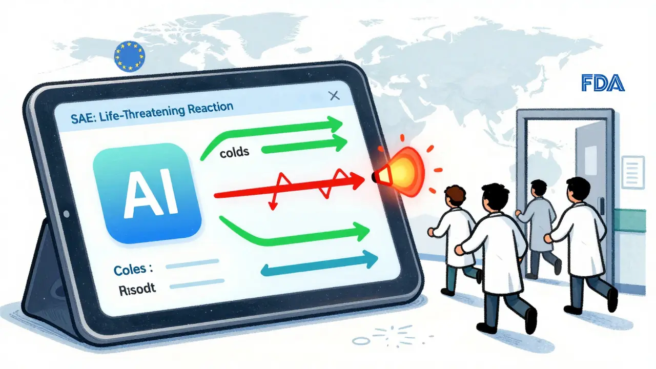 An AI analyzing patient data, separating harmless events from a critical serious adverse event triggering emergency alerts.