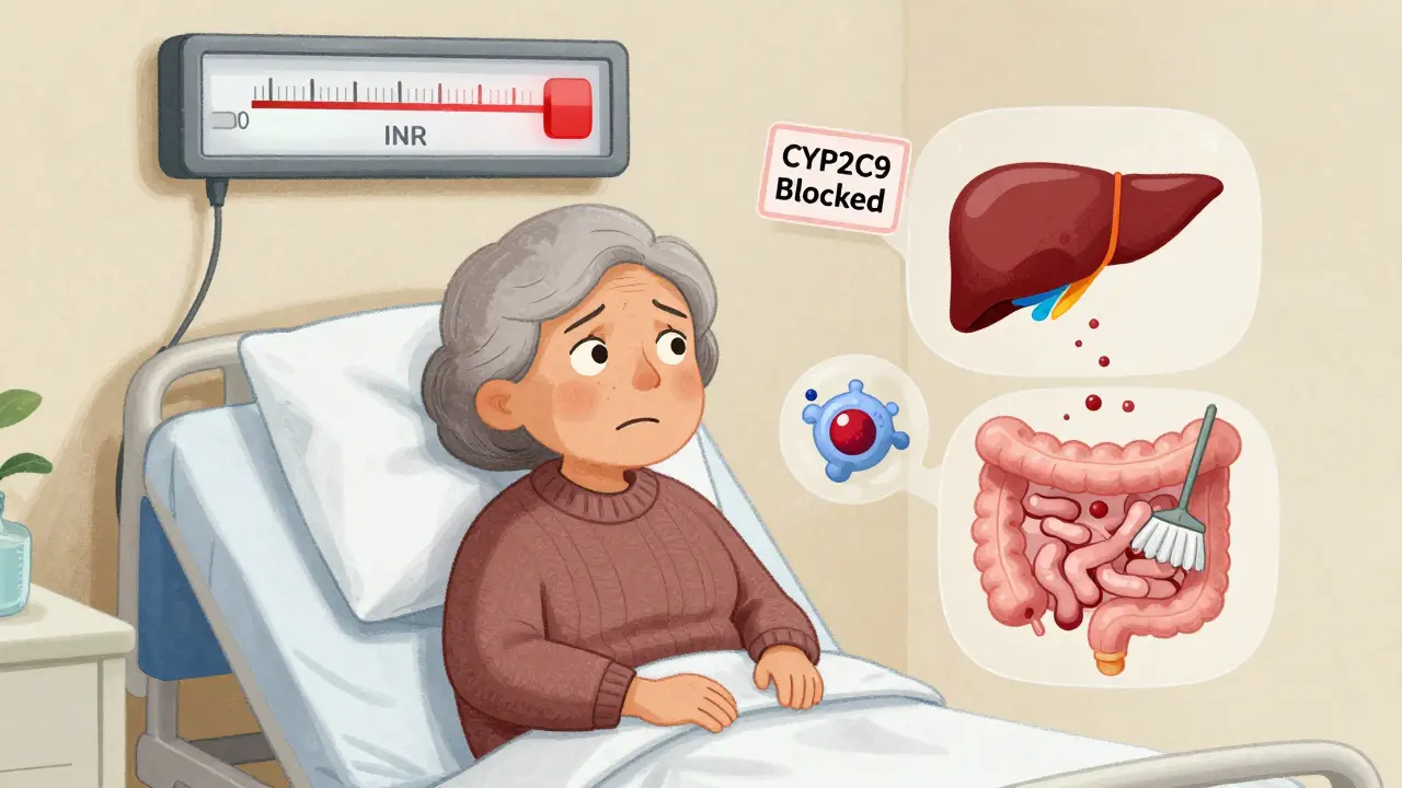 An elderly woman watches a spiked INR meter as liver, protein, and gut bacteria effects float around her in a hospital room.