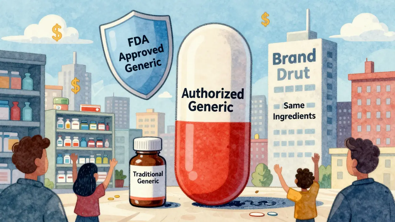 Authorized generic pill as superhero standing tall among brand and generic pills on pharmacy shelves.