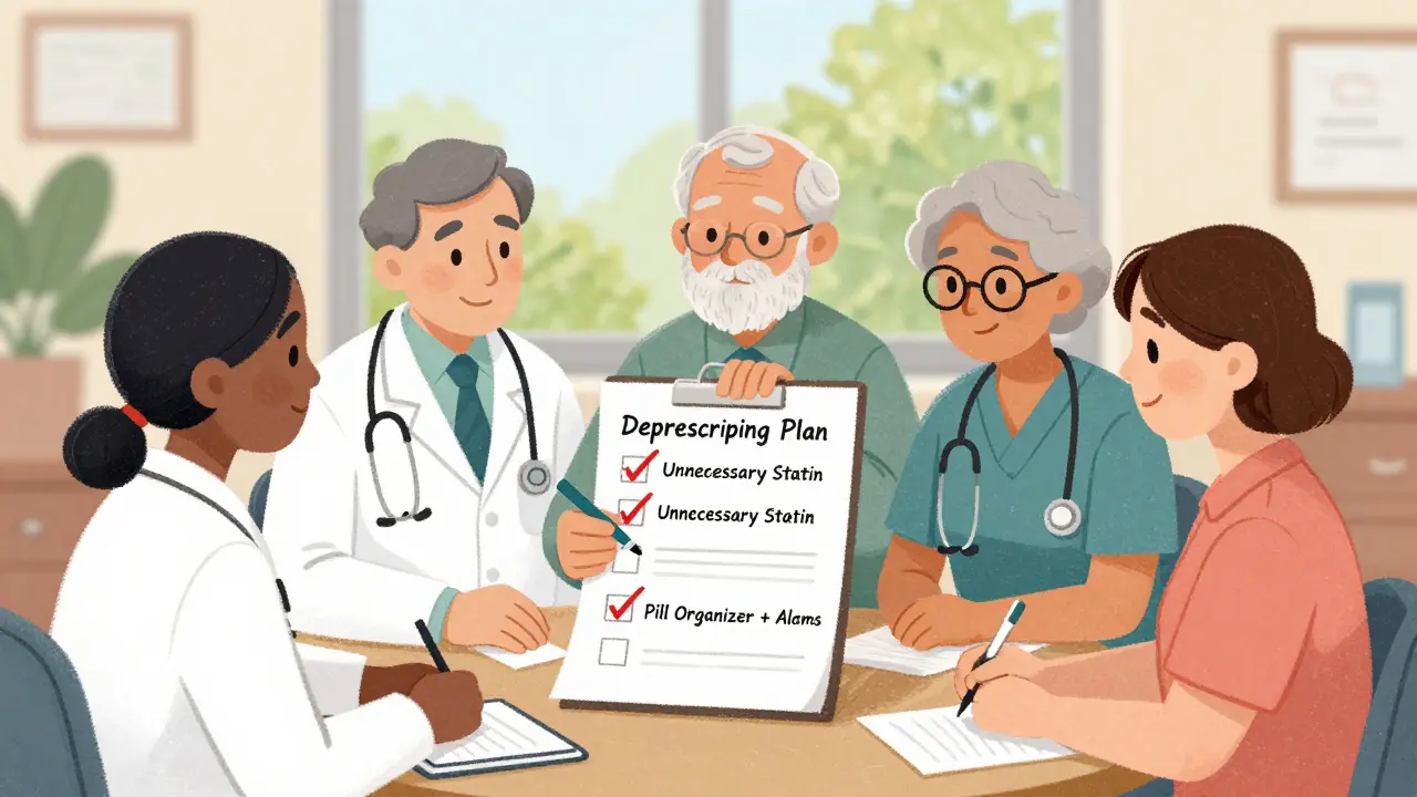 Care team reviewing a deprescribing plan with a checklist and crossed-out medication.