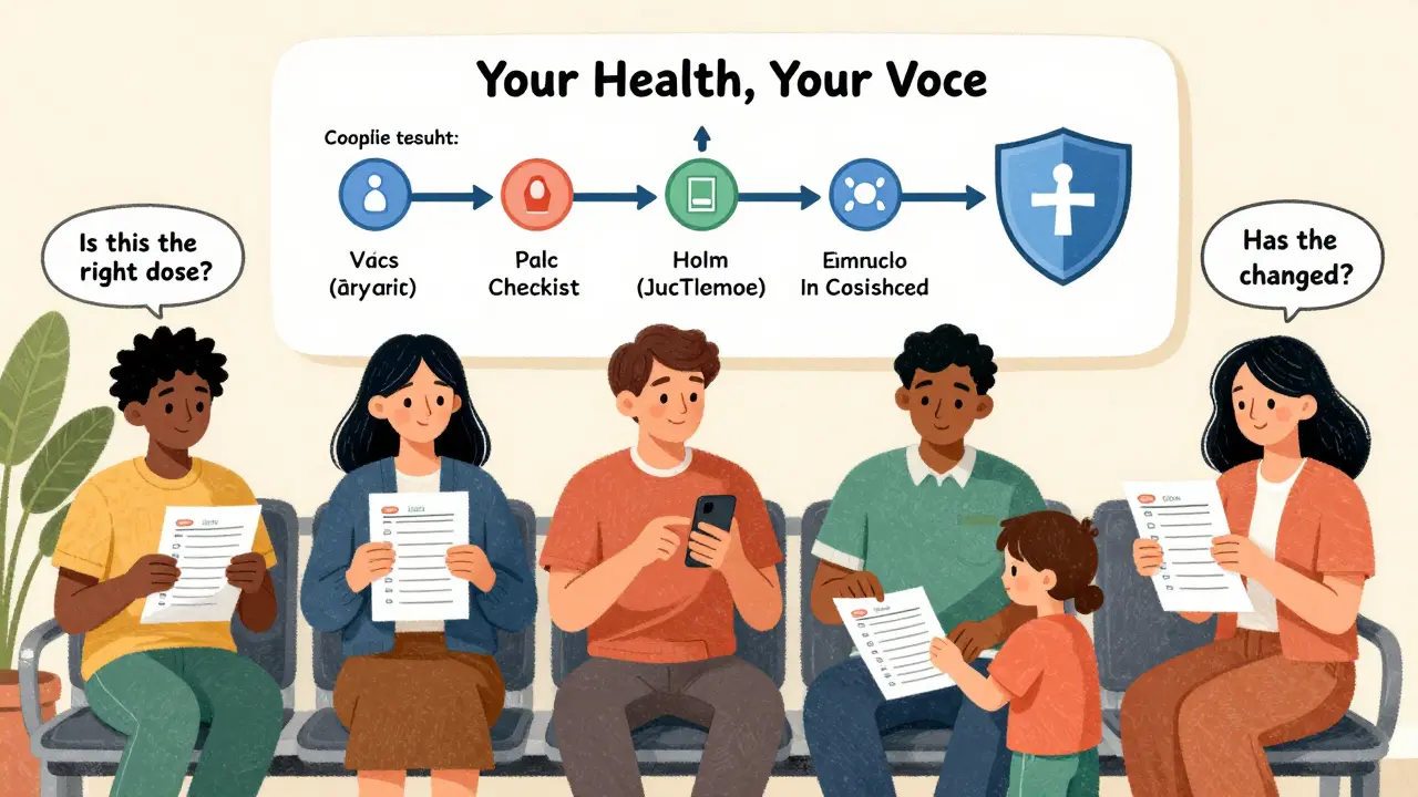 Diverse people holding medication lists under a visual flowchart of pharmacy safety steps.