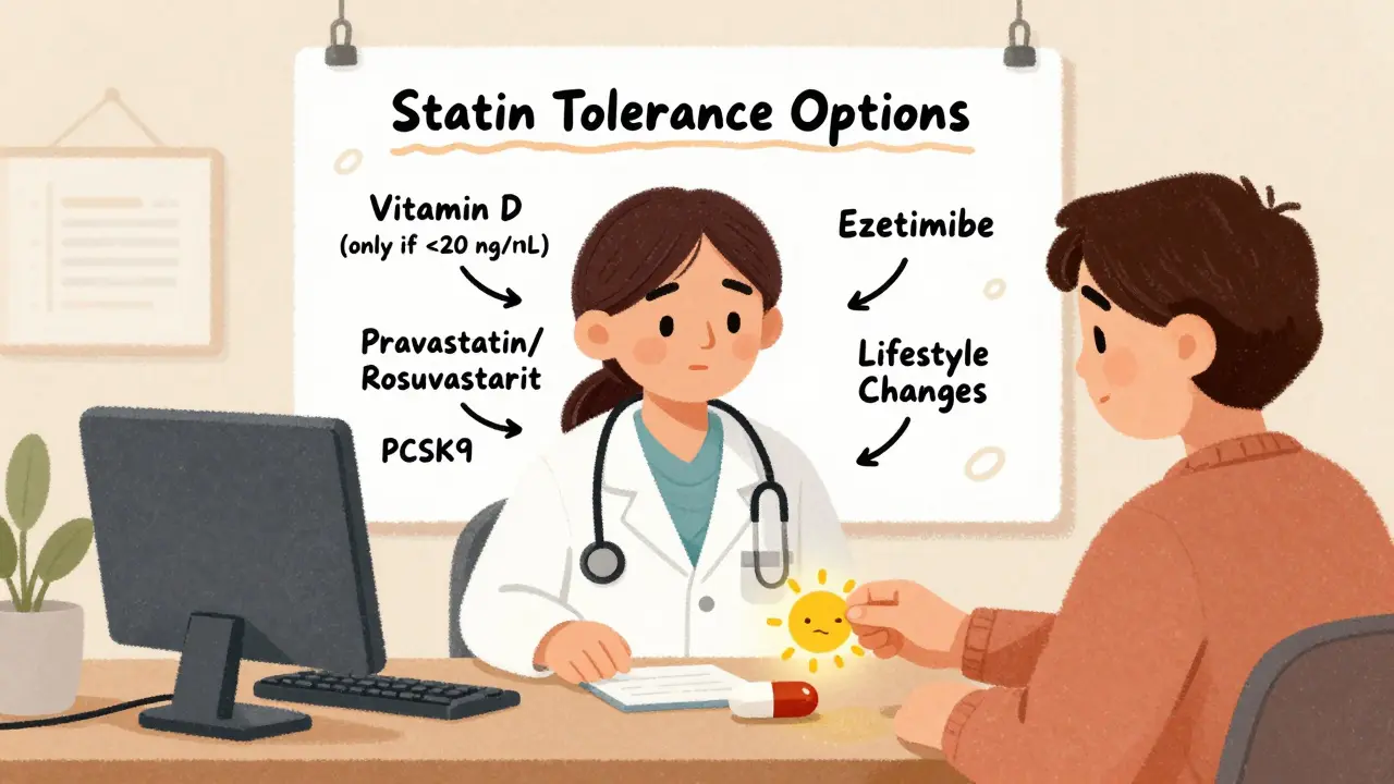 Doctor and patient reviewing treatment options for statin intolerance with visual flowchart.