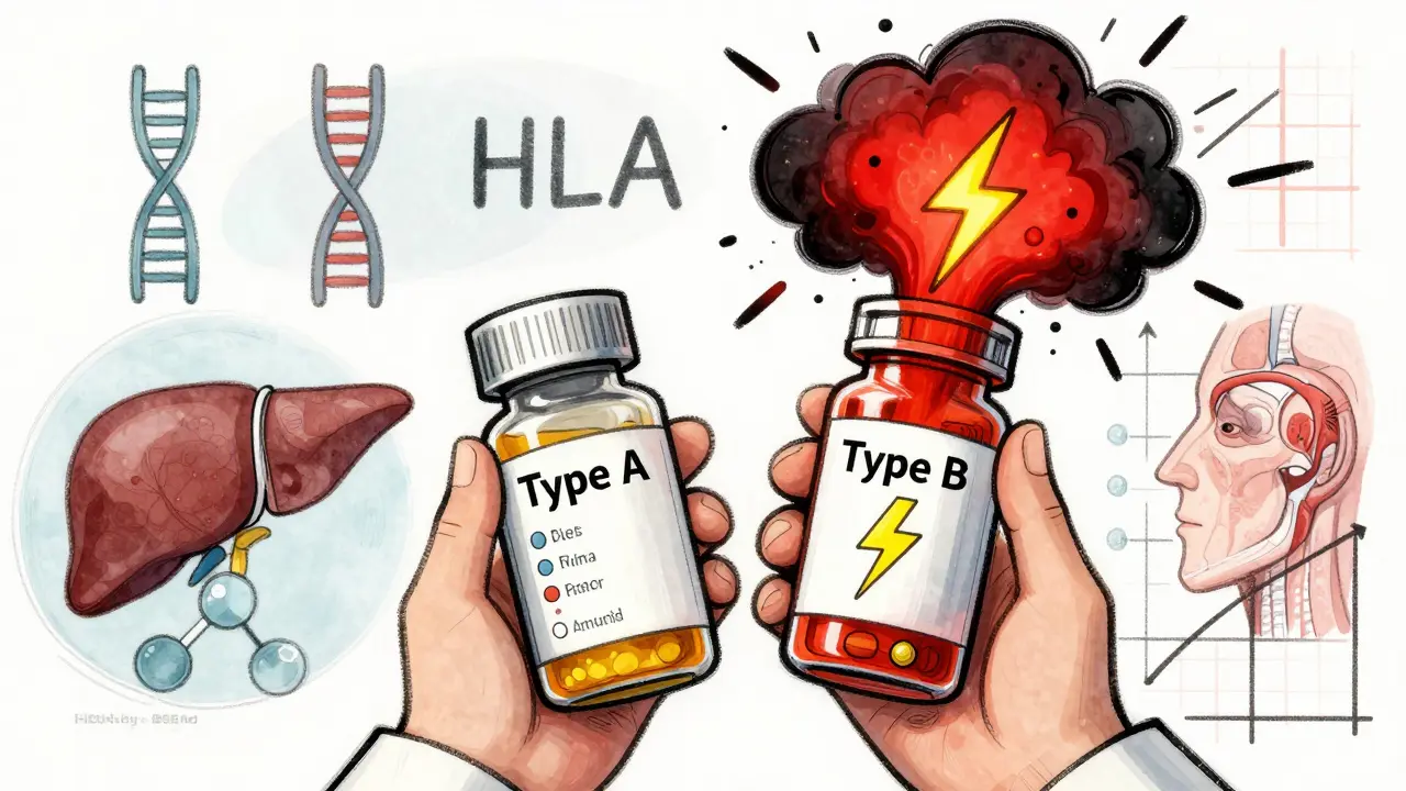 Doctor holding two pills: one adjustable by dose, the other causing sudden allergic reaction with immune storm, surrounded by genetic symbols.