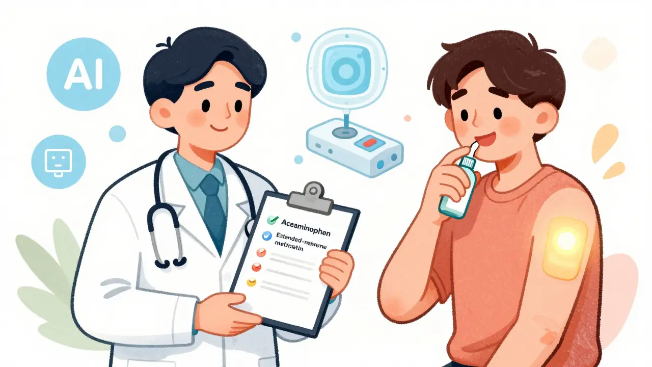 Doctor presents safer medication alternatives with futuristic delivery methods like patch and spray.