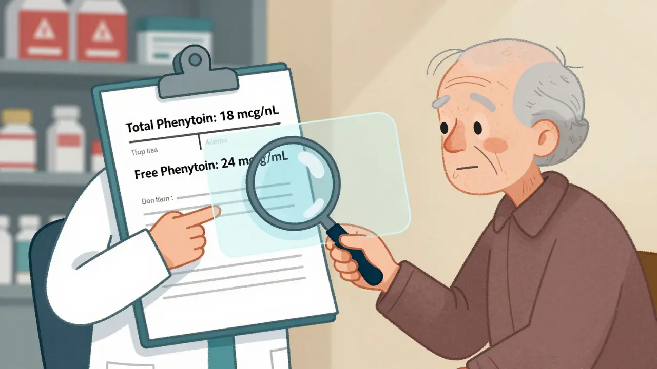 Doctor reviewing lab results while translucent free phenytoin levels rise due to low albumin in elderly patient.