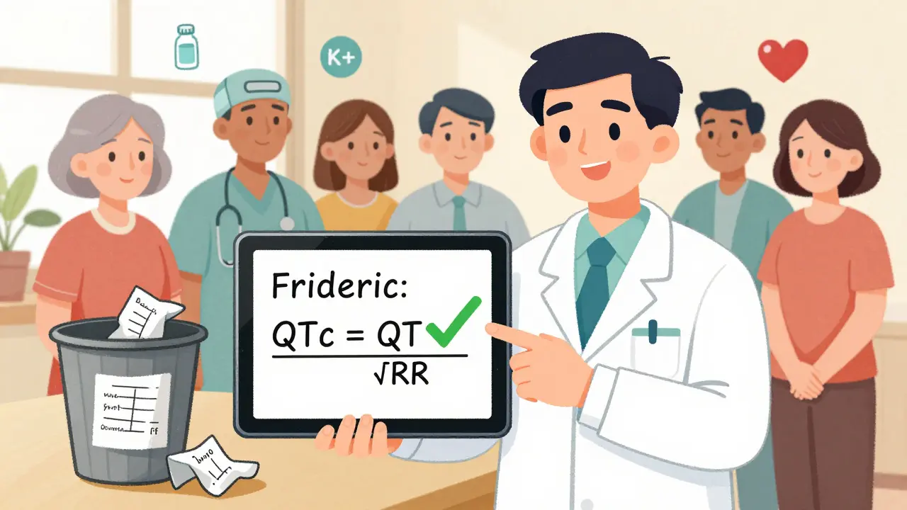 Doctor using tablet with Fridericia formula while risk factors are shown for patients.