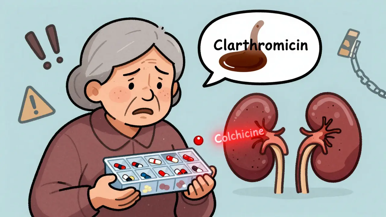 Elderly woman surrounded by pills, one combo causing dark urine, medical warning symbols nearby