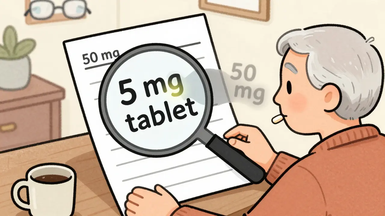 Family member reading medication label aloud to an elderly person, with clear spacing on the label shown in detail.