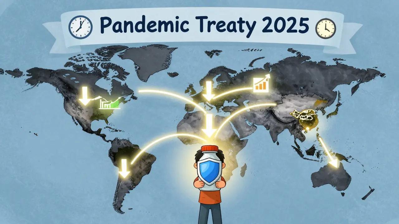 Global map with price-drop pathways and rising health icons, child holding medicine shield under pandemic treaty clock.