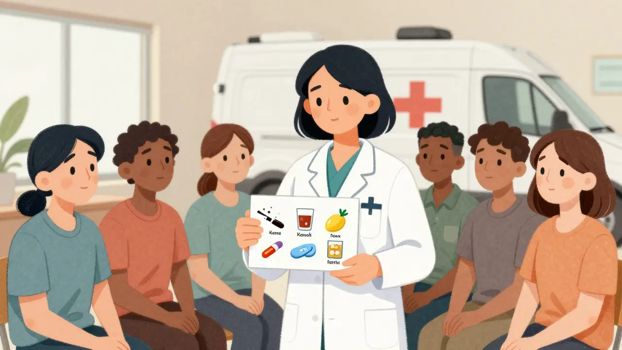 Health worker showing illustrated substance card to diverse individuals in a community outreach setting.