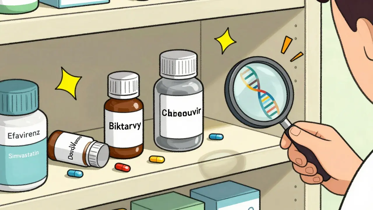 HIV medications on a shelf, with older drugs falling as warnings flash, highlighting drug interactions.