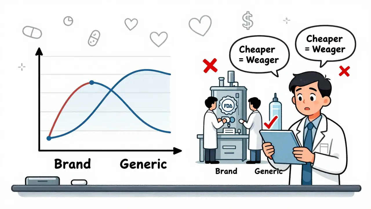 Infographic comparing drug release graphs and FDA inspections of brand and generic drug factories.