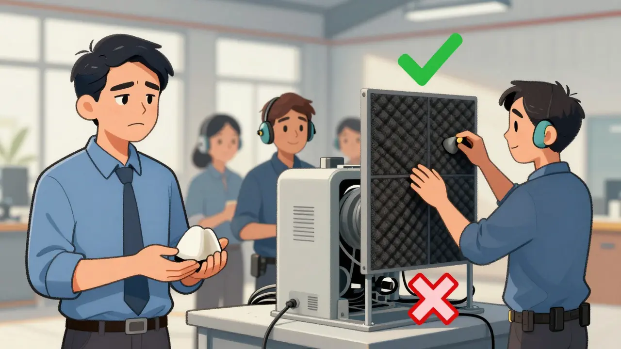 Manager handing out earplugs vs engineers installing sound barriers, workers protected