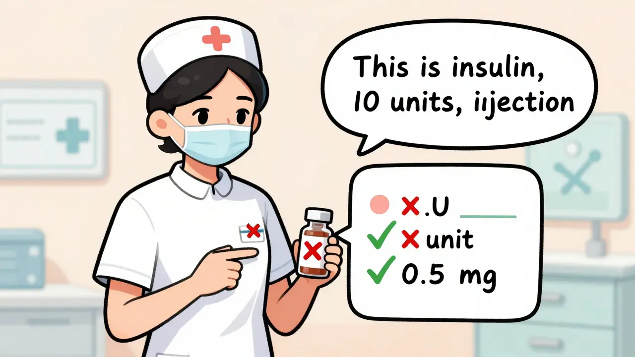 Nurse verifying medication details, crossing out unsafe abbreviations and confirming correct dosage format.