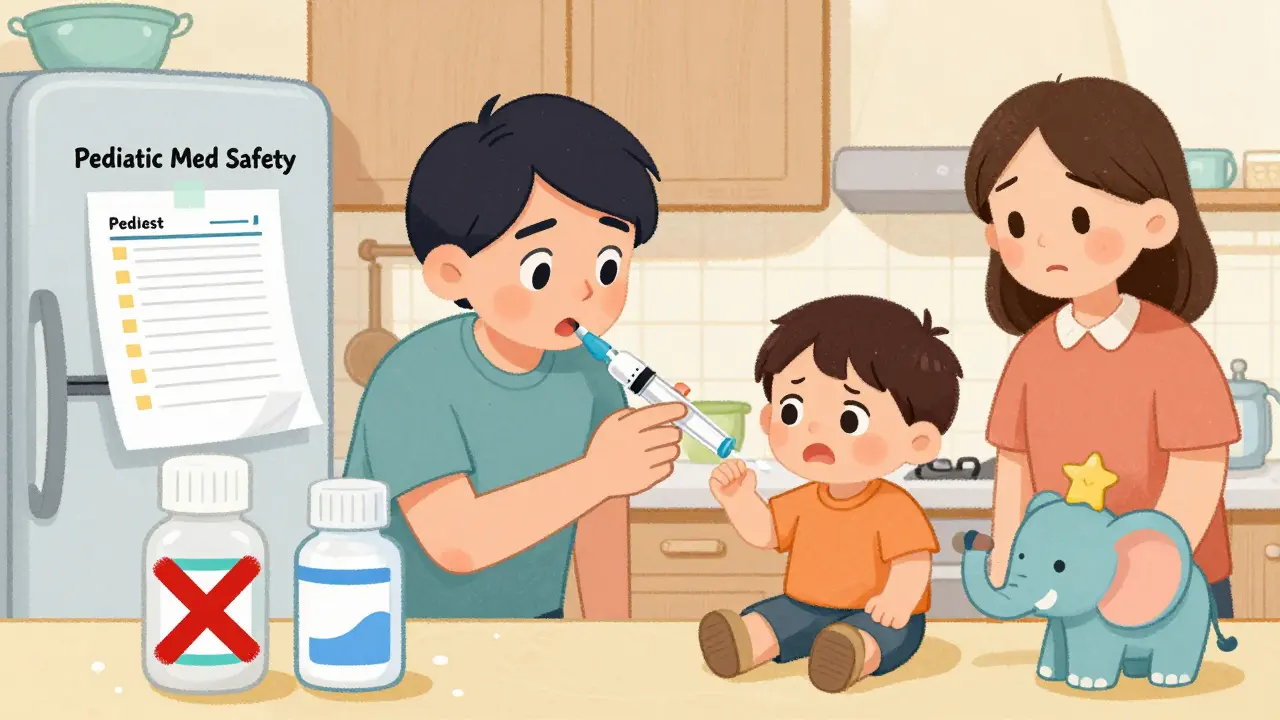 Parent using oral syringe to give child medicine in kitchen, with safety checklist on fridge