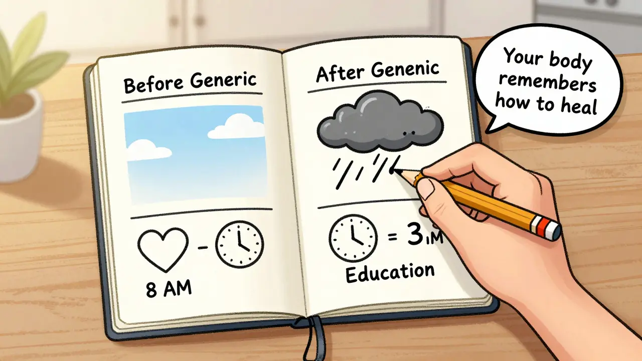 Patient journal showing emotional shift from anxiety to calm after learning about generic medication effectiveness.
