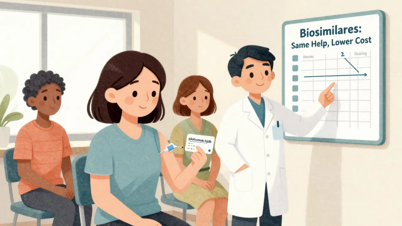 Patient receiving a biosimilar injection while pharmacist explains with a helpful chart, diverse people smiling in background.