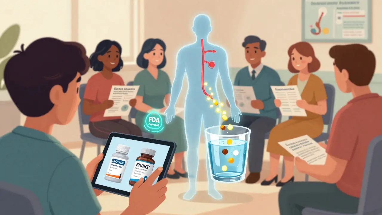 Patient scanning a pill bottle to reveal a 3D hologram of generic and brand drugs dissolving identically in water.