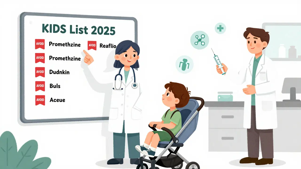 Pediatrician explaining the KIDs List to a parent, with warning icons on a chart