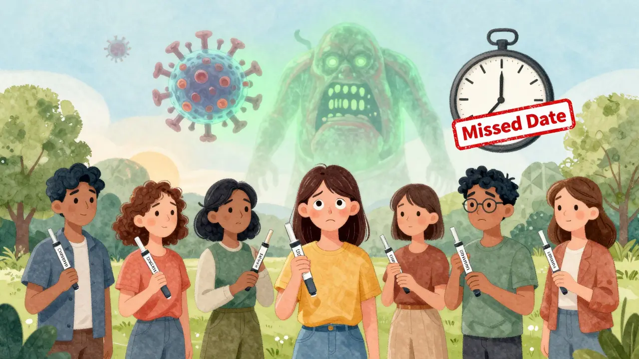 People with monthly HIV injections in a park, one anxious as a clock ticks, virus mutating nearby.