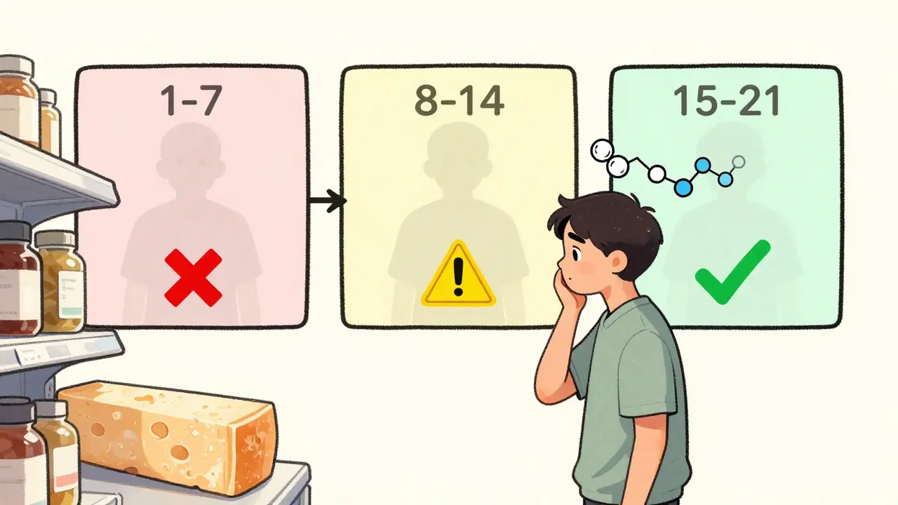Person at grocery store hesitating over aged cheese, with timeline showing recovery days from MAOI medication.